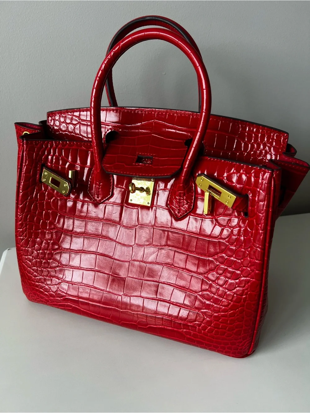 Red Croc-Embossed Structured Top-Handle Bag